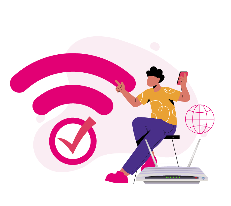 A young boy sitting next to a WiFi modem, holding a mobile phone. Above him, a large pink WiFi signal radiates, symbolizing strong connectivity. A trust badge is also visible, emphasizing reliability.